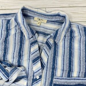 Comp Blu Women’s Blue Striped Button Down Roll Trab Sleeves Top Beachy‎